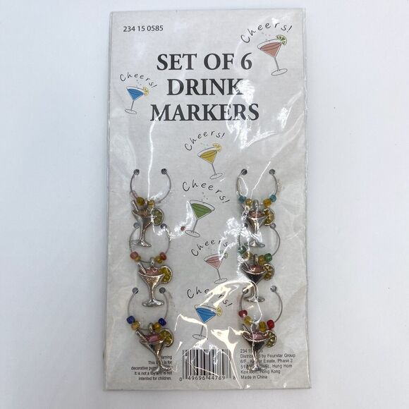 Drink Markers Set of 6 Martini Cocktail Party with Glass Beads and Metal Charms - Picture 1 of 5